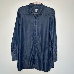 Chicos Button up Tunic Shirt Size‎ L 12 Blue Chambray